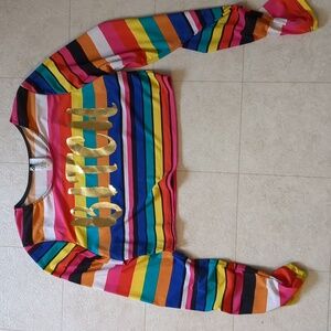 Fashion Nova Rainbow Striped Long Sleeve Crop Top with Gold Foil